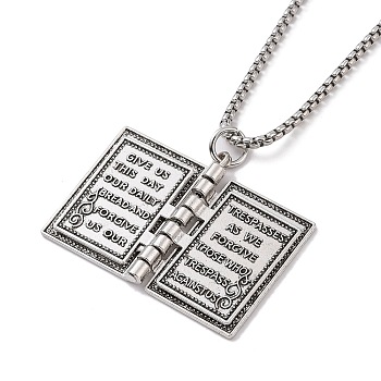 201 Stainless Steel Chain, Zinc Alloy Pendant Necklaces, Book, Antique Silver & Stainless Steel Color, 23.62 inch(60cm)