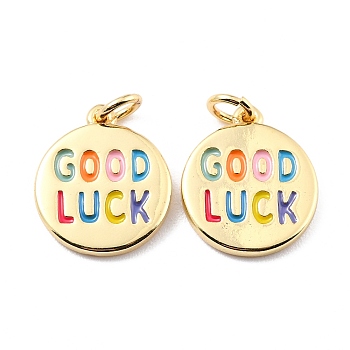 Brass Enamel Pendants, with Jump Ring, Long-Lasting Plated, Real 18K Gold Plated, Flat Round & Word GOOD LUCK, Colorful, 16x14x2mm, Jump Ring: 5x0.8mm, 3.4mm Inner Diameter