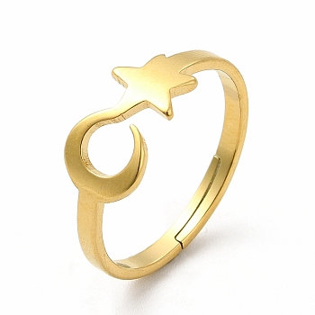 Ion Plating(IP) 304 Stainless Steel Star and Moon Adjustable Ring for Women, Real 18K Gold Plated, US Size 6 1/4(16.7mm)