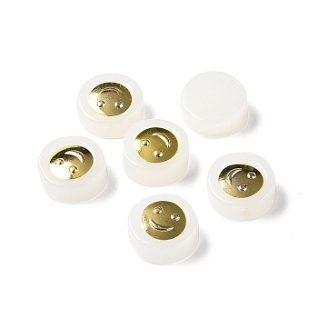 Transparent Spray Painted Glass Beads, with Golden Brass Findings, Flat Round with Smile, White, 11.5x4mm, Hole: 1.2mm