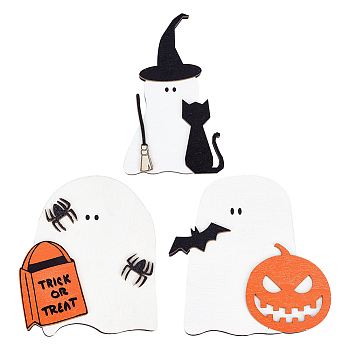 Halloween Themed Wood Display Decorations, Ghosts, White, 77~126x10~10.5x125~132mm, 3pcs/set