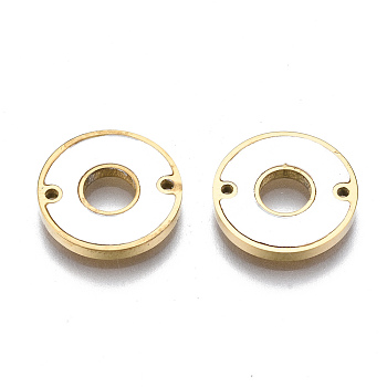 304 Stainless Steel Links Connectors, with Shell, Flat Round, Seashell Color, Real 14K Gold Plated, 12x1.5mm, Hole: 0.9mm