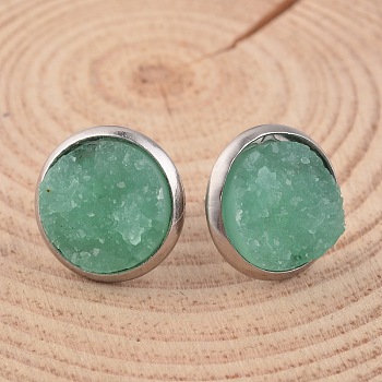 Flat Round 304 Stainless Steel Druzy Resin Ear Studs, Light Green, 14x7mm, Pin: 0.7mm