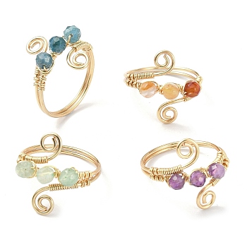 4Pcs 4 Style Natural Mixed Gemstone Round Beaded Finger Rings, Light Gold Copper Wire Wrapped Vortex Stackable Rings, US Size 8 1/2(18.5mm), 1Pc/style