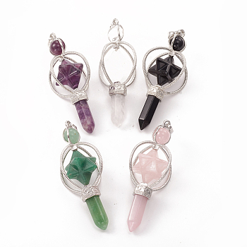 Natural Mixed Gemstone Big Pointed Pendants, with Platinum Plated Brass Findings, Bullet & Merkaba Star, 63~66x29~30mm, Hole: 8x5mm