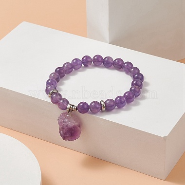 Round Natural Amethyst Beaded Stretch Bracelet with Nuggets Charms for Women(BJEW-JB09316-01)-2