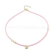 Brass Evil Eye Pendant Necklace with Cubic Zirconia, Glass Seed & Natural Pearl Beaded Necklace for Women, Pink, 16.85 inch(42.8cm)(NJEW-JN03909-02)