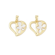 Brass Pave Natural White Shell Pendants, Lead Free & Cadmium Free, Real 18K Gold Plated, Rack Plating, Heart, 16.5x17x2mm, Hole: 5x3mm(KK-R213-02G-03)