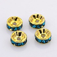 Brass Rhinestone Spacer Beads, Grade A, Straight Flange, Golden Metal Color, Rondelle, Blue Zircon, 6x3mm, Hole: 1mm(RB-A014-Z6mm-06G)