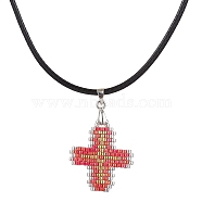 Glass Seed Cross Pendant Necklaces, with Nylon Cords, Crimson, 19.49 inch(49.5cm)(NJEW-MZ00025-01)