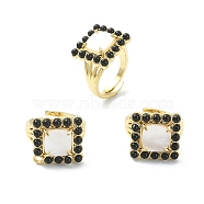 Natural Black Agate & Shell Rectangle Adjustable Ring, Real 18K Gold Plated Brass Wide Ring for Women, Inner Diameter: 17mm(RJEW-B030-02A-02)