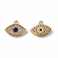 Brass Micro Pave Clear & Marine Blue Cubic Zirconia Charms, Eye, Real 18K Gold Plated, 8x10.5x1.5mm, Hole: 1mm(KK-E068-VF264)