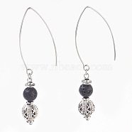 Natural Lava Rock Beads Dangle Earrings, with Alloy Findings and 304 Stainless Steel Earring Hooks, Round, Stainless Steel Color & Antique Silver, 72mm, Pendant: 32x8mm, Pin: 0.7mm(EJEW-JE02811-09)