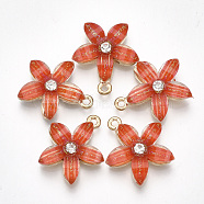 Alloy Pendants, with Resin and Rhinestone, Flower, Crystal, Light Gold, Orange Red, 21.5x18.5x5mm, Hole: 1.5mm(X-PALLOY-S177-01B)