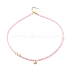 Brass Evil Eye Pendant Necklace with Cubic Zirconia, Glass Seed & Natural Pearl Beaded Necklace for Women, Pink, 16.85 inch(42.8cm)(NJEW-JN03909-02)