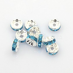 Brass Rhinestone Spacer Beads, Grade A, Silver Color Plated, Rondelle, Sky Blue, Size: about 8mm in diameter, 3.5mm thick, hole: 2mm(RB-A004-11)