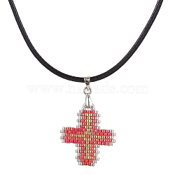 Glass Seed Cross Pendant Necklaces, with Nylon Cords, Crimson, 19.49 inch(49.5cm)(NJEW-MZ00025-01)