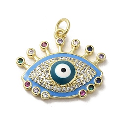 Brass Micro Pave Cubic Zirconia Pendants, with Enamel, with Jump Ring, Real 18K Gold Plated, Evil Eye, Cornflower Blue, 20x23x5.3mm, Hole: 3.5mm(KK-E092-09G-04)