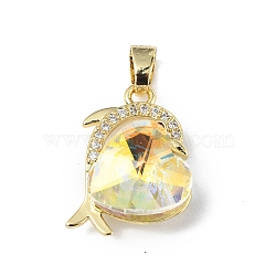Real 18K Gold Plated Rack Plating Brass Micro Pave Clear Cubic Zirconia Pendants, with Glass, Long-Lasting Plated, Cadmium Free & Lead Free, Dolphin with Heart Charm, Light Goldenrod Yellow, 20.5x17x8mm, Hole: 5.5x3.5mm(KK-C015-22G-10)