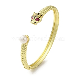 Brass Pave Colorful Cubic Zirconia Leopard Open Cuff Bangle for Women, with ABS Imitation Pearl, Real 18K Gold Plated, Inner Diameter: 2x2-3/8 inch(5.15x6.05cm)(BJEW-K246-17G)