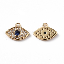 Brass Micro Pave Clear & Marine Blue Cubic Zirconia Charms, Eye, Real 18K Gold Plated, 8x10.5x1.5mm, Hole: 1mm(KK-E068-VF264)
