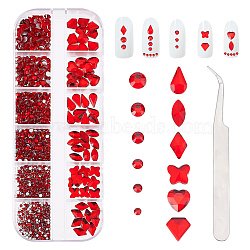 CRASPIRE Glass Cabochon, Nail Art Decoration Accessories, with Stainless Steel Manicure Nail Tweezer, Red, Glass Cabochon: 810pcs/box, 1 box, Tweezers: 10.5x0.08cm, 1pc(MRMJ-CP0001-06)