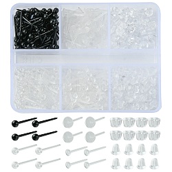 320Pcs 4 Style Eco-Friendly Plastic Stud Earring Findings, Round & Flat Round, with 150Pcs Plastic Ear Nuts, Black & Clear, 11.5~15x3~4.5mm, Pin: 0.8~0.95mm(KY-FS0001-18)