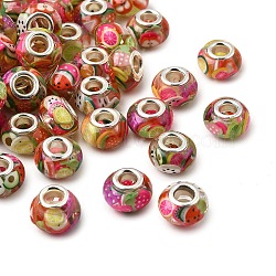 Resin with Fruit Polymer Clay Inside European Beads, Large Hole Beads with Brass Cores, Rondelle, Platinum, Mixed Color, 14x9mm, Hole: 5mm(RESI-H037-01A)