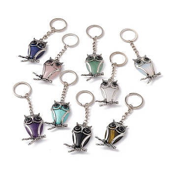 Owl Natural & Synthetic Gemstone Pendant Keychain, with Alloy & Iron Findings, 10cm