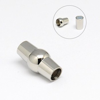 304 Stainless Steel Magnetic Clasps with Glue-in Ends, Barrel, Stainless Steel Color, 15x8mm, Hole: 4mm