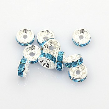 Brass Rhinestone Spacer Beads, Grade A, Silver Color Plated, Rondelle, Sky Blue, Size: about 8mm in diameter, 3.5mm thick, hole: 2mm