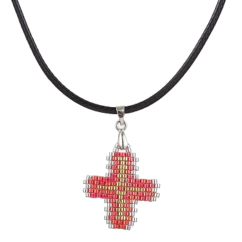 Glass Seed Cross Pendant Necklaces, with Nylon Cords, Crimson, 19.49 inch(49.5cm)