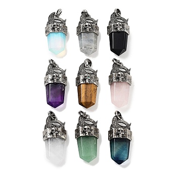 Natural & Synthetic Mixed Gemstone Faceted Sword Pendants, Rack Plating Antique Silver Plated Alloy Moon Charms, Cadmium Free & Lead Free, 47.5~48x21.5x13.5mm, Hole: 7x6.5mm