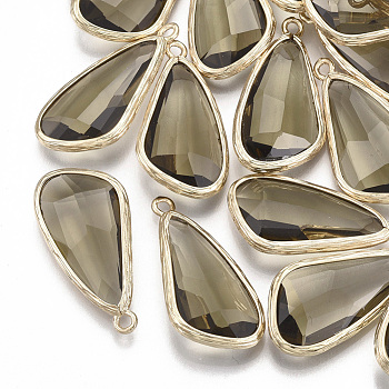 Glass Pendants, with Brass Findings, Faceted, teardrop, Golden, Olive, 28.5x14x6mm, Hole: 1.5mm
