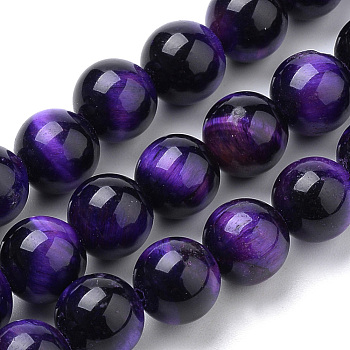 Natural Tiger Eye Beads Strands, Dyed, Round, Indigo, 12mm, Hole: 1mm, about 31~33pcs/strand, 14.9~15.1 inch(38~38.5cm)