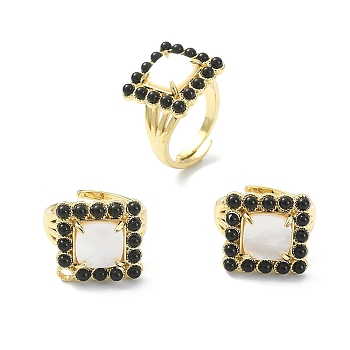 Natural Black Agate & Shell Rectangle Adjustable Ring, Real 18K Gold Plated Brass Wide Ring for Women, Inner Diameter: 17mm