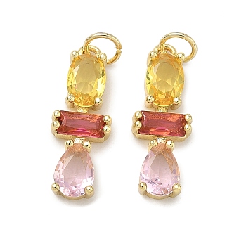 Brass Micro Pave Cubic Zirconia Pendants, Rectangle Charms, Long-Lasting Plated, Rack Plating, Lead Free & Cadmium Free, Real 18K Gold Plated, Pink, 21x8x4mm, Hole: 3mm