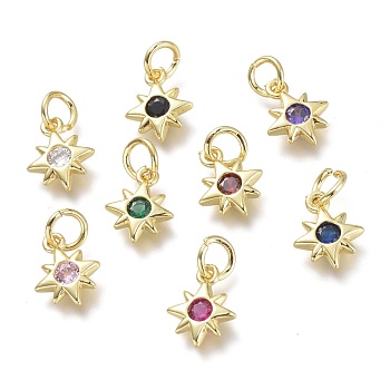 Brass Micro Pave Cubic Zirconia Pendants, with Jump Rings, Star, Real 18K Gold Plated, Mixed Color, 10x8x2mm, Hole: 3.5mm