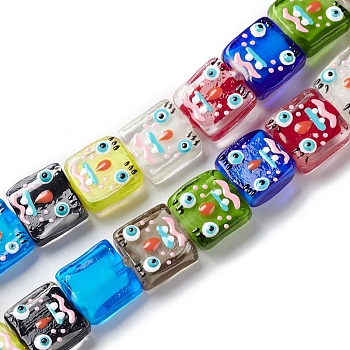 Handmade Lampwork Beads Strands, Rectangle with Expression , Mixed Color, 13~13.5x14x5.5~7mm, Hole: 1.8mm, about 25pcs/strand, 13.39''~13.98''(35.5~34cm)