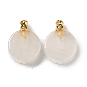 Natural Quartz Crystal Perfume Bottle Pendants, Rock Crystal, Flat Round Charms with Golden Plated 304 Stainless Steel Findings, 27.5x20x7~7.5mm, Hole: 2mm