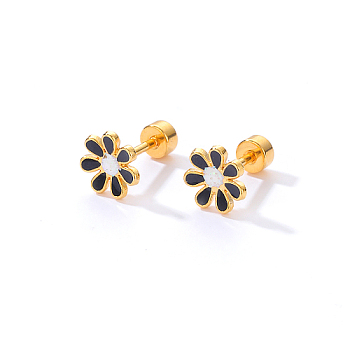 Real 18K Gold Plated Stainless Steel Stud Earrings for Women, Daisy Flower, Black, No Size