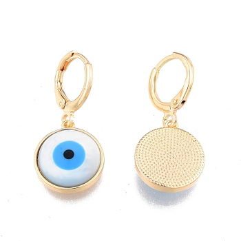 Shell & Synthetic Turquoise Evil Eye Dangle Leverback Earrings, Brass Jewelry for Women, Cadmium Free & Nickel Free & Lead Free, Golden, 29mm, Pin: 1mm