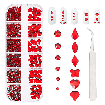 CRASPIRE Glass Cabochon, Nail Art Decoration Accessories, with Stainless Steel Manicure Nail Tweezer, Red, Glass Cabochon: 810pcs/box, 1 box, Tweezers: 10.5x0.08cm, 1pc