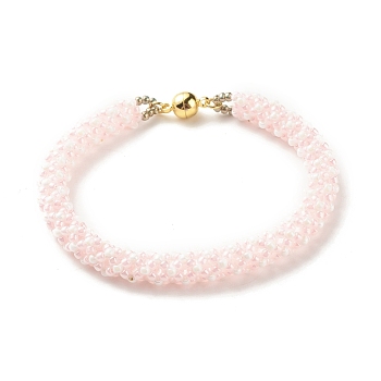 Glass Seed Crochet Beaded Bracelet, Fashion Nepal Bracelet with Brass Magnetic Clasp for Women, Pink, 7-1/2 inch(19cm)
