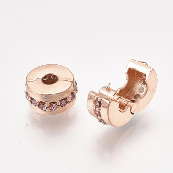 Alloy European Clasps, Large Hole Beads, with Rhinestone, Flat Round, Rose Gold, Light Rose, 10.5x6mm, Hole: 3mm
