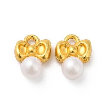Alloy with ABS Plastic Imitation Pearl Charms, Bowknot with Round, Matte Gold Color, 11x8x5mm, Hole: 1.5mm