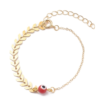 Round Evil Eye Lampwork Beaded Bracelets, with 304 Stainless Steel Cobs Chains and Brass Cable Chains, Golden, Red, 6-3/4 inch(17.1cm)