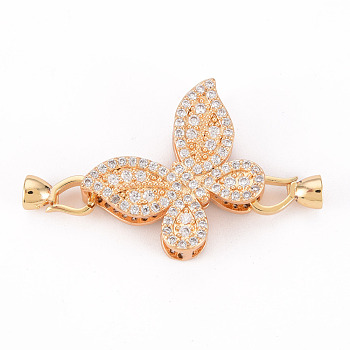 Brass Micro Pave Clear Cubic Zirconia Fold Over Clasps, Nickel Free, Butterfly, Real 18K Gold Plated, Butterfly: 21.5x28x8.5mm, Clasps: 12x6x5.5mm
