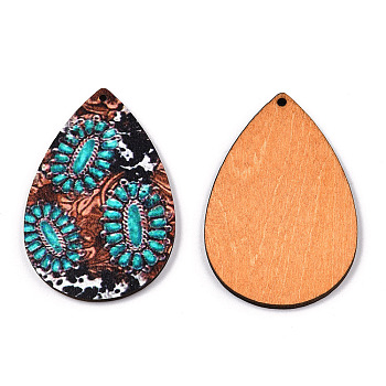 Single Face Printed Basswood Big Pendants, Teardrop Charm with Flower Pattern, Dark Turquoise, 60x40x3mm, Hole: 2mm