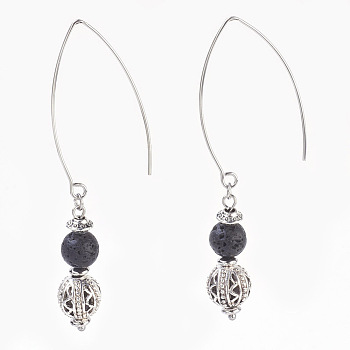 Natural Lava Rock Beads Dangle Earrings, with Alloy Findings and 304 Stainless Steel Earring Hooks, Round, Stainless Steel Color & Antique Silver, 72mm, Pendant: 32x8mm, Pin: 0.7mm